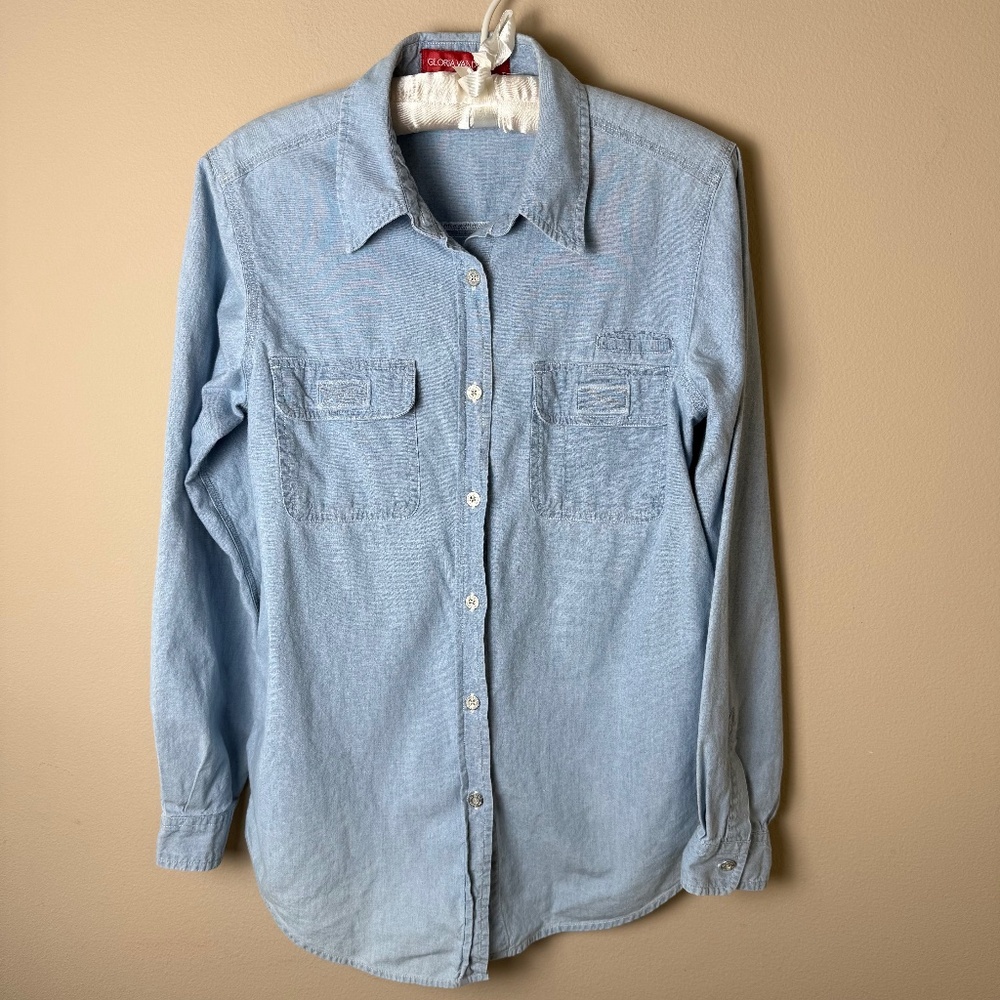 Vintage Chambray Shirt Womens Small Blue Top Blouse Gloria Vanderbilt 90s Y2K